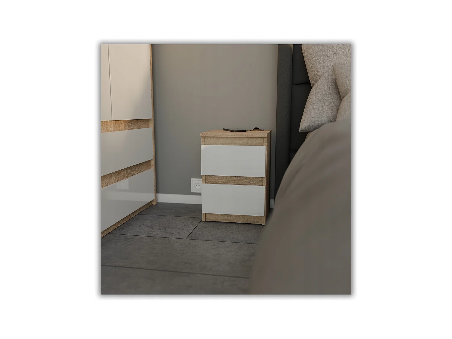 Table de chevet Chêne Sonoma Blanc brillant 30x30x40CM 2 tiroirs -meuble de nuit pour chambre à coucher loft