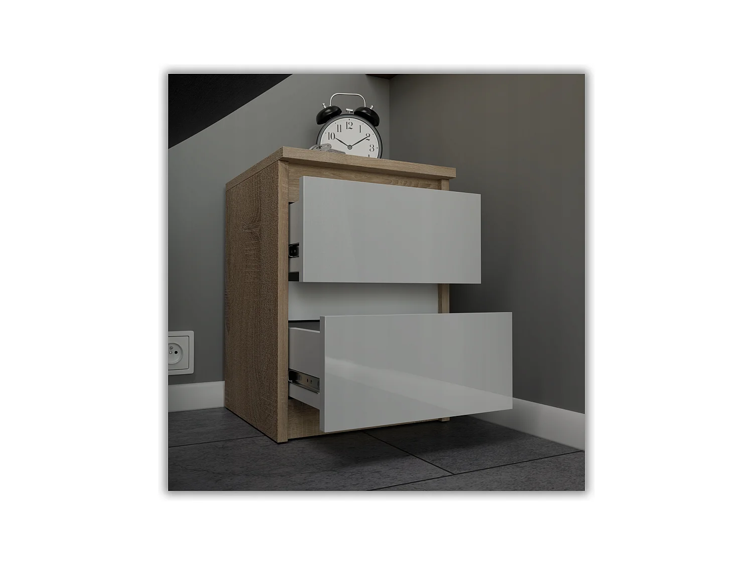 Table de chevet Chêne Sonoma Blanc brillant 30x30x40CM 2 tiroirs -meuble de nuit pour chambre à coucher loft