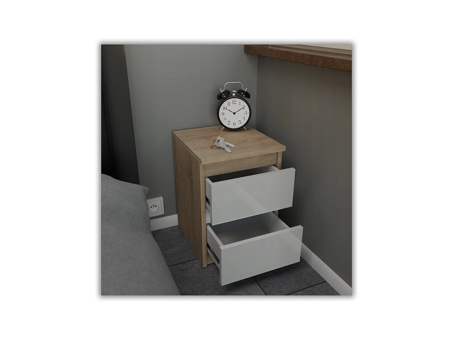 Table de chevet Chêne Sonoma Blanc brillant 30x30x40CM 2 tiroirs -meuble de nuit pour chambre à coucher loft