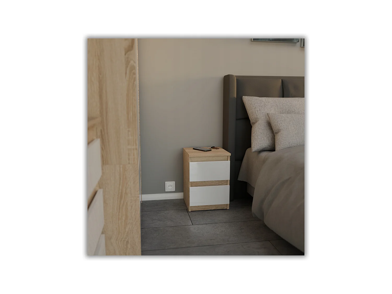 Table de chevet Chêne Sonoma Blanc brillant 30x30x40CM 2 tiroirs -meuble de nuit pour chambre à coucher loft