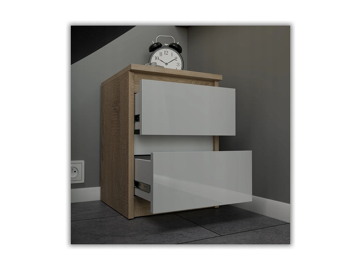 Table de chevet Chêne Sonoma Blanc brillant 30x30x40CM 2 tiroirs -meuble de nuit pour chambre à coucher loft