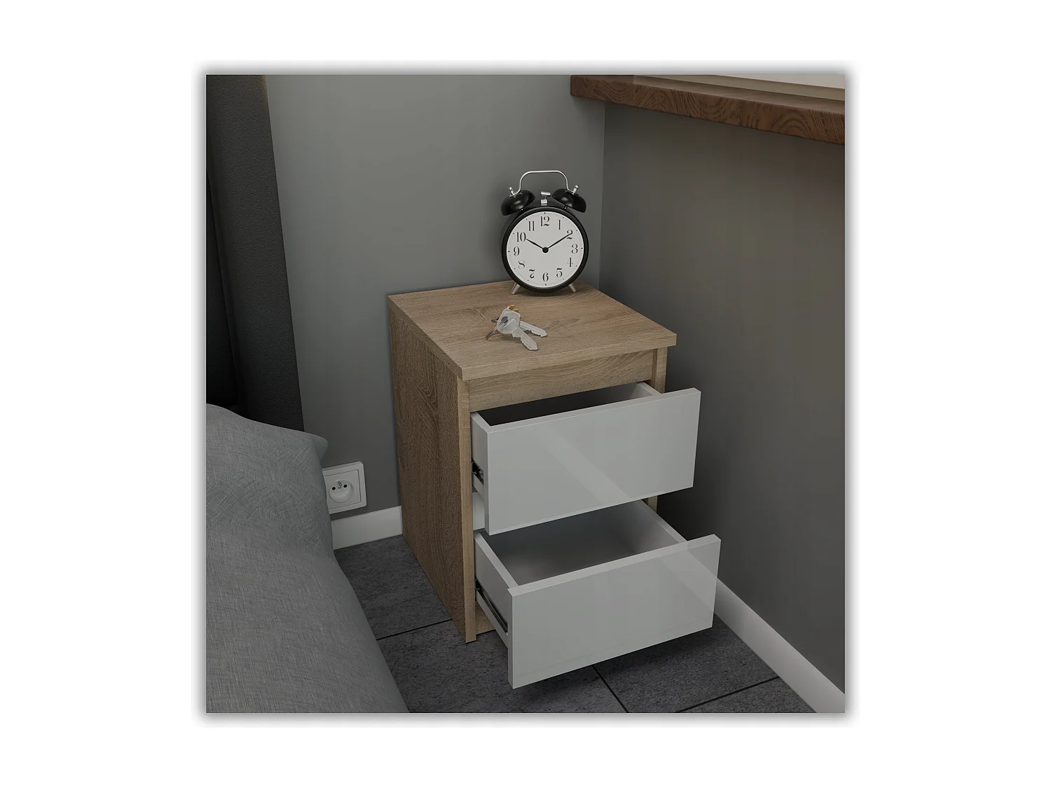 Table de chevet Chêne Sonoma Blanc brillant 30x30x40CM 2 tiroirs -meuble de nuit pour chambre à coucher loft