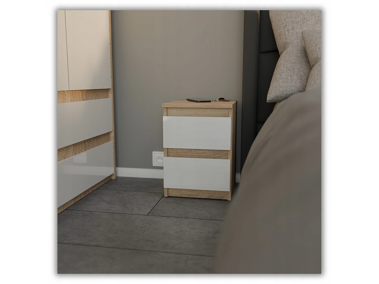 Szafka Nocna Stiv-Meble 2 Szuflady 30 CM Dąb Sonoma Biały Połysk 30x30x40 CM 1szt.