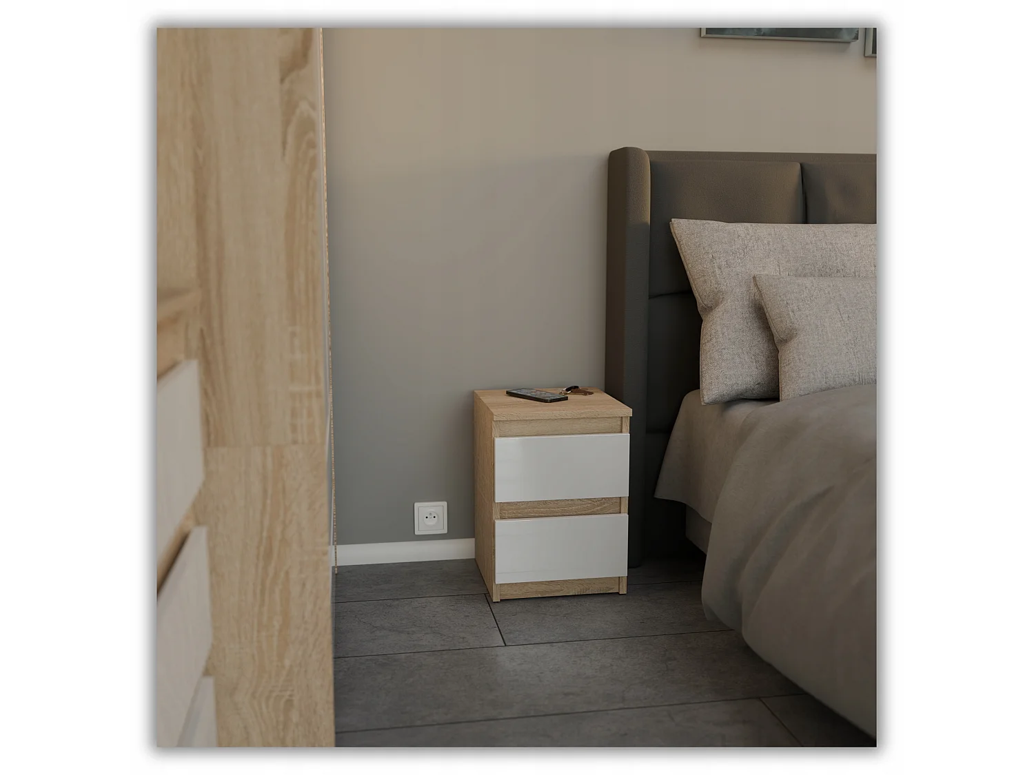 Szafka Nocna Stiv-Meble 2 Szuflady 30 CM Dąb Sonoma Biały Połysk 30x30x40 CM 1szt.