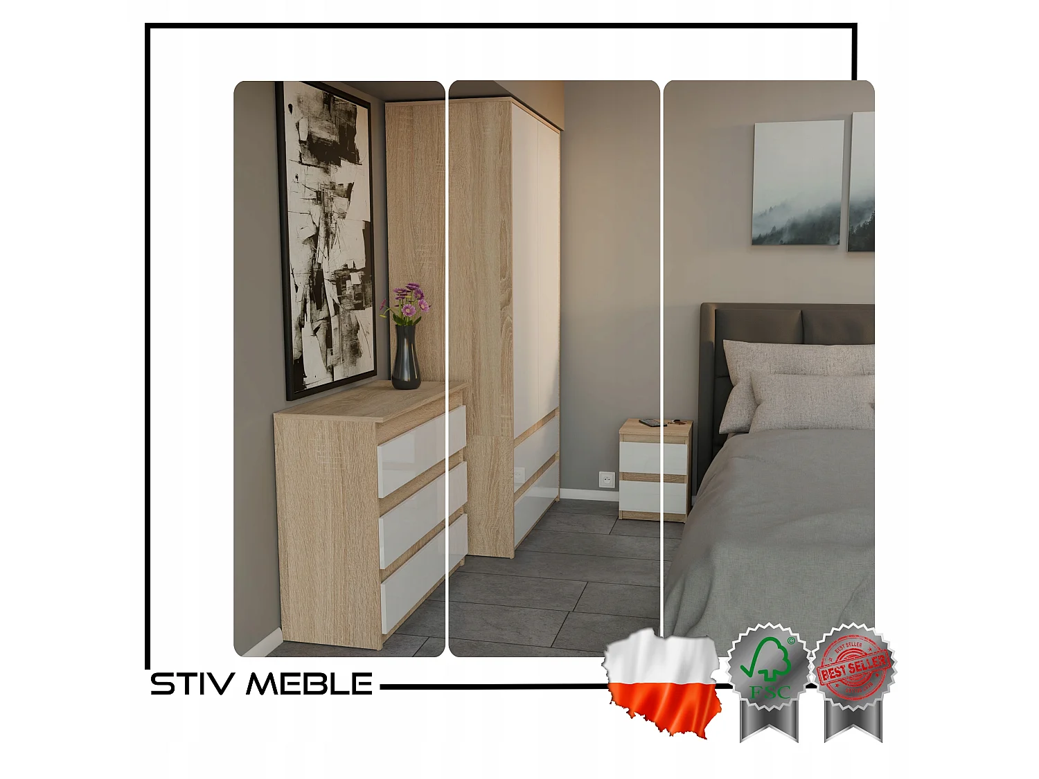 Szafka Nocna Stiv-Meble 2 Szuflady 30 CM Dąb Sonoma Biały Połysk 30x30x40 CM 1szt.