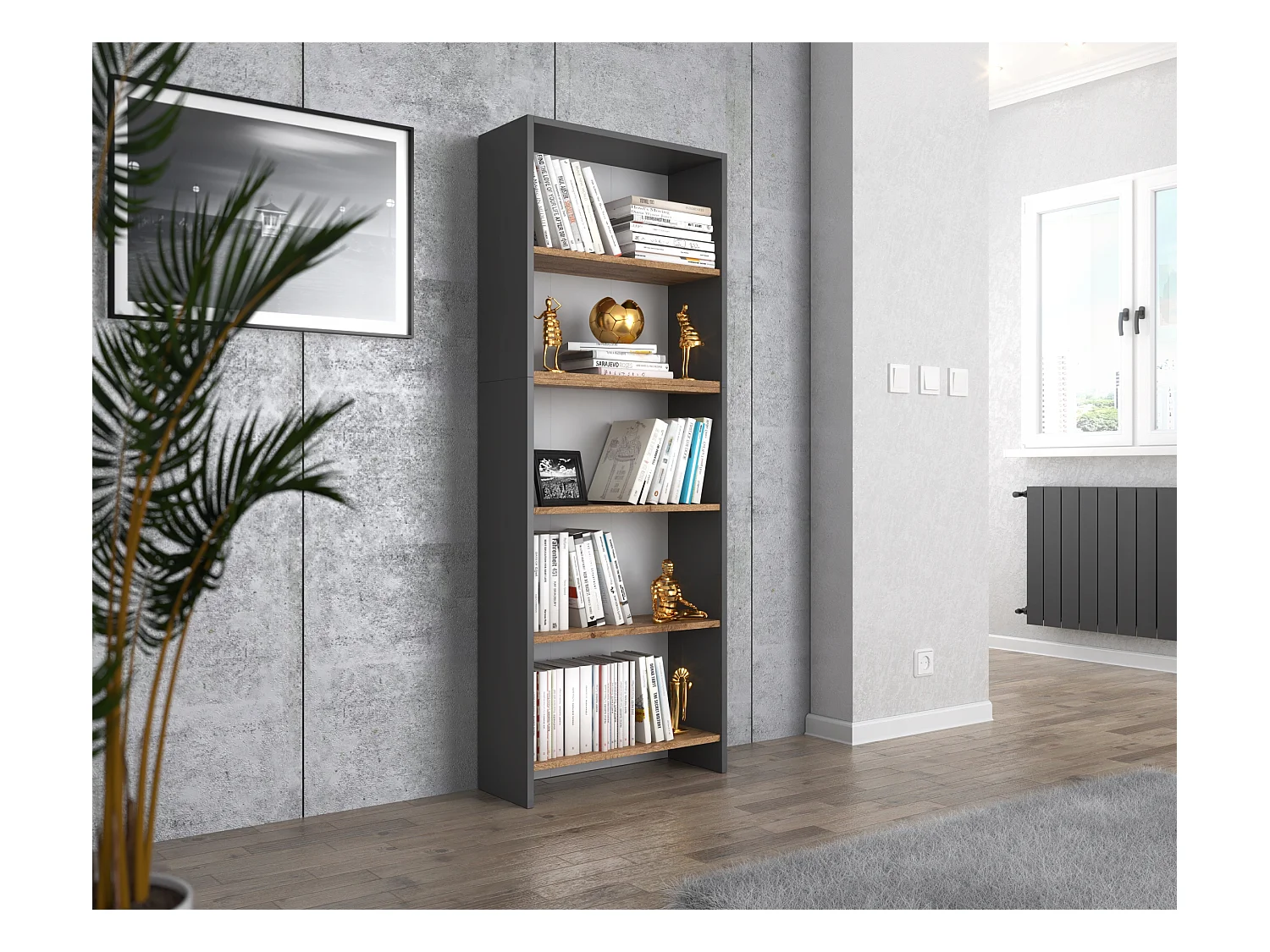 Bibliothèque -Étagère multifonction Gris + Chêne Wotan 5 niveaux 60X30x189cm – Pour livres, jouets et accessoires de bureau