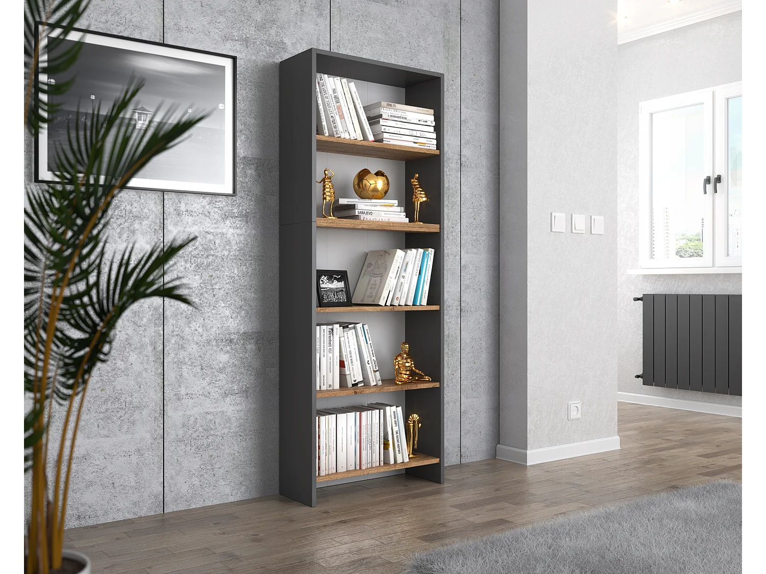 Bibliothèque -Étagère multifonction Gris + Chêne Wotan 5 niveaux 60X30x189cm – Pour livres, jouets et accessoires de bureau