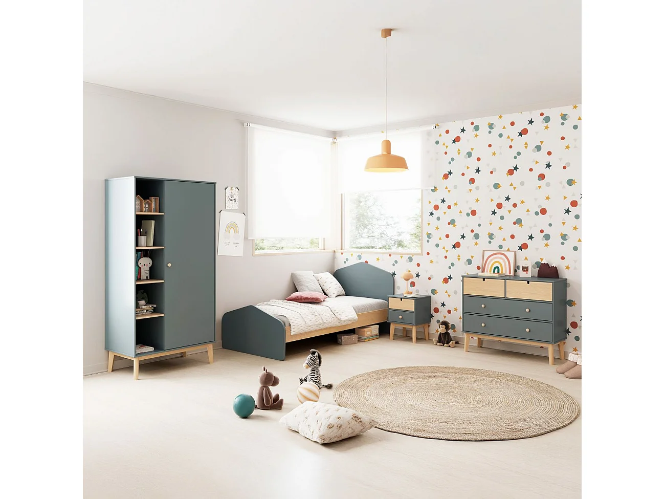 Cama juvenil con cabecero en verde salvia y oak soft 100x195,4 cm Misty Cloud Verde Salvia - Oak Soft
