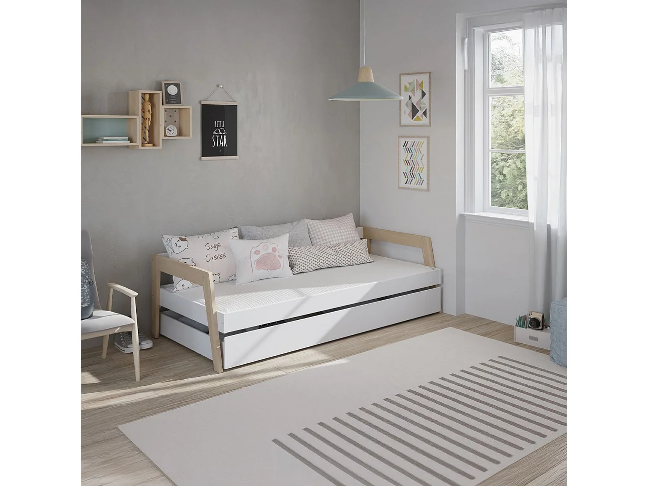 Cama doble juvenil Misty Haze Blanco - Oak Soft