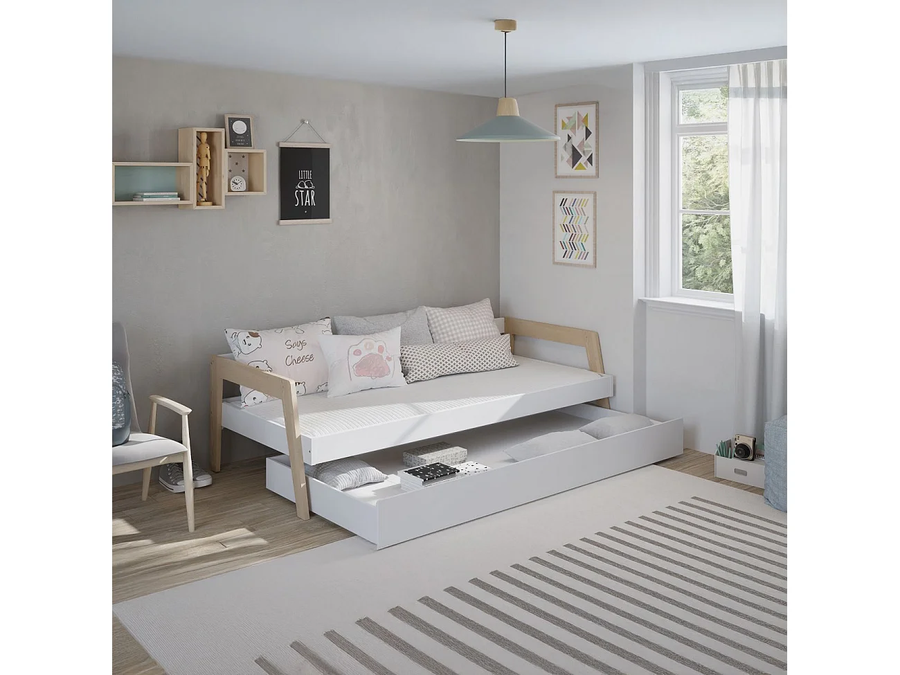 Cama doble juvenil Misty Haze Blanco - Oak Soft