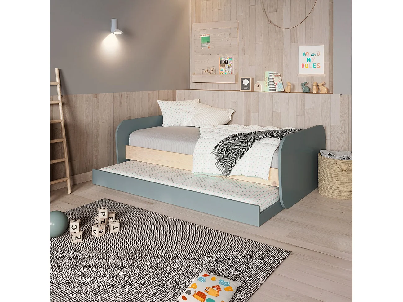 Cama doble juvenil Misty Breeze Verde Salvia - Oak Soft