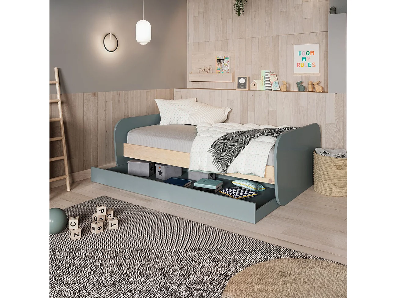 Cama doble juvenil Misty Breeze Verde Salvia - Oak Soft