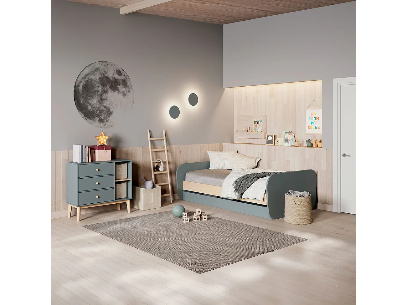 Cama doble juvenil Misty Breeze Verde Salvia - Oak Soft