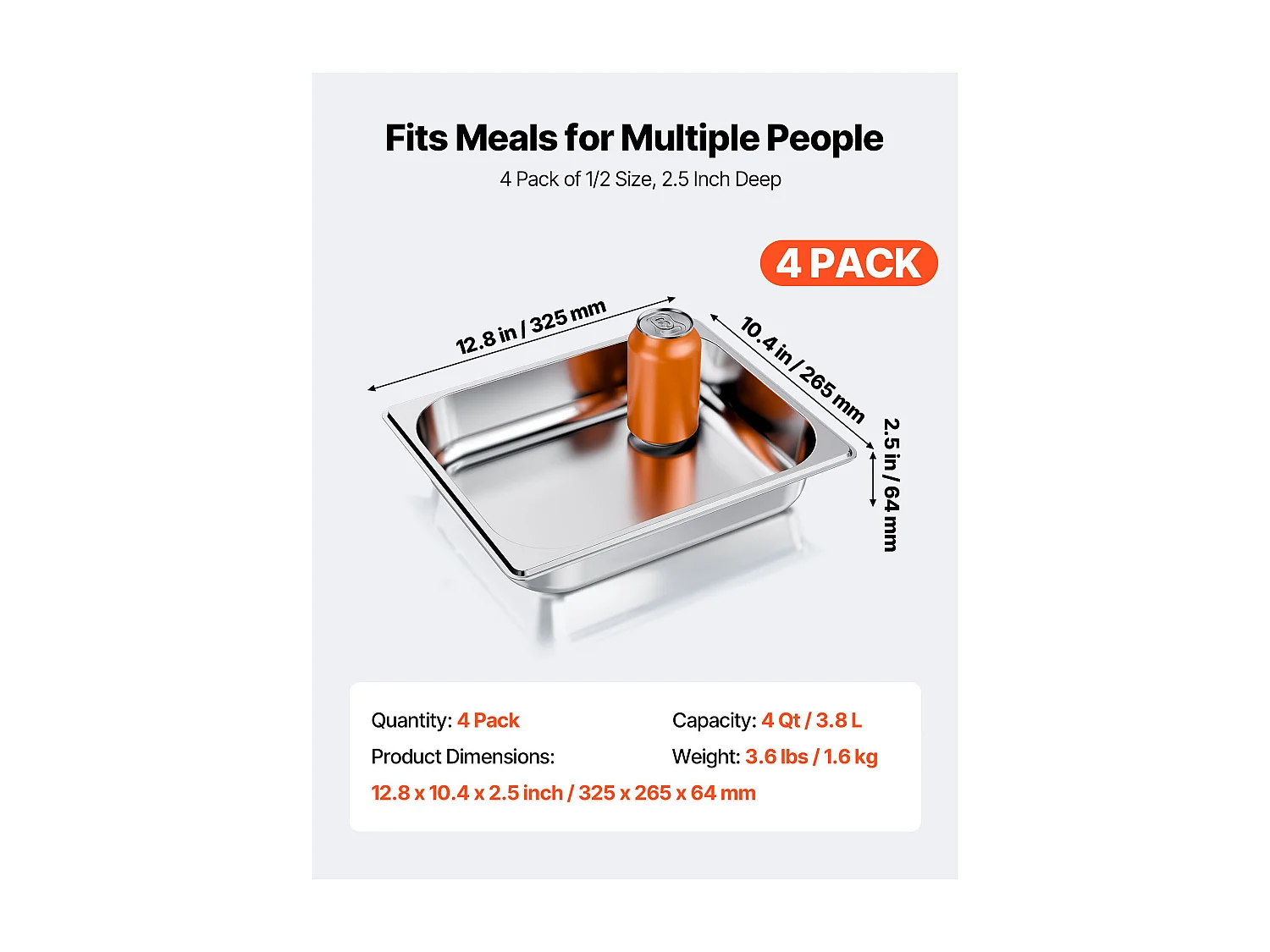 Gastronorm Bak SucceBuy GN 1/2, Bewaarbak voor Horeca van RVS 4STs 3,8 L, Voedselveilige RVS Bak Diepte 6,4 cm, Anti-aanbak