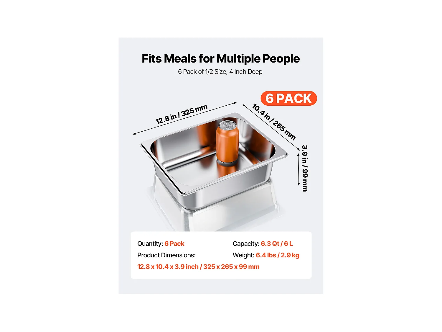 Contenitore Gastronorm SucceBuy GN 1/2, Recipiente per Ristorazione in Acciaio Inossidabile 6PCs 6 L, Contenitore Inox Alimentare Profondità 9,9 cm, Antiaderente