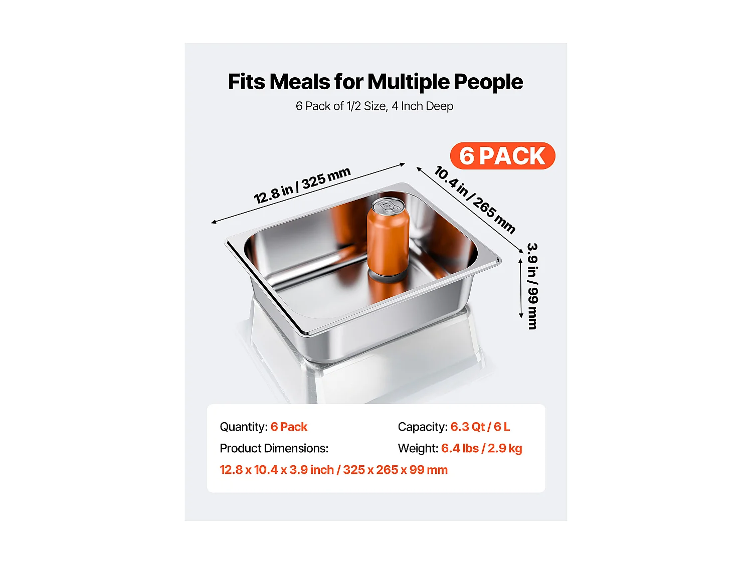 Bac Gastronorme SucceBuy GN 1/2, Récipient de Restauration en Acier Inoxydable 6PCs 6 L, Bac Inox Alimentaire Profondeur 9,9 cm, Anti-adhérent