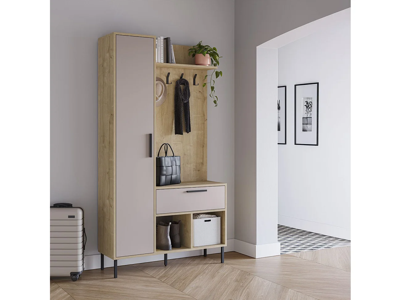 Mueble recibidor con perchero Vesta Roble Beige