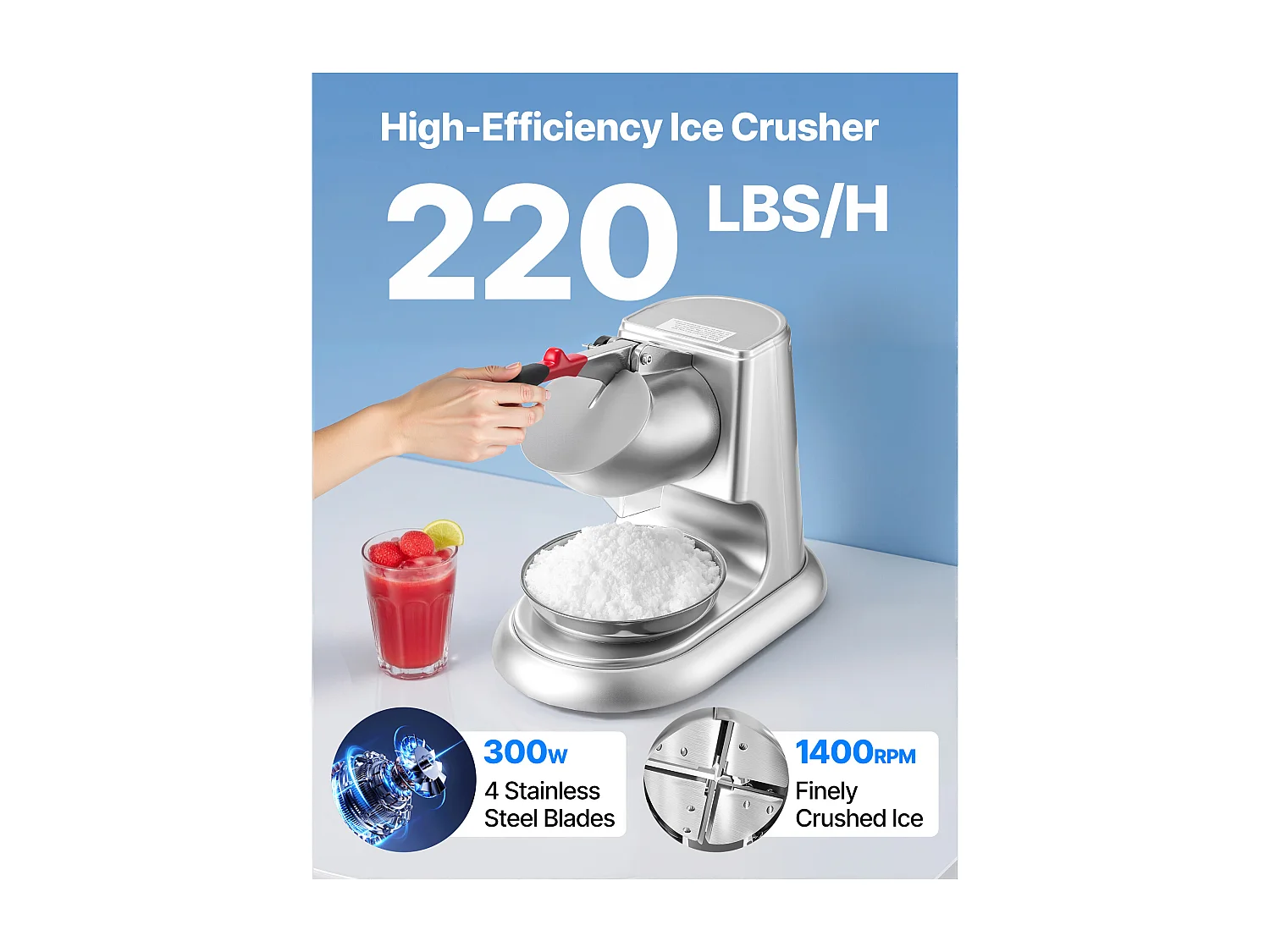 Broyeur à Glace SucceBuy Électrique Capacité de 100 kg/h, Machine à Glace Pilée à 4 Lames, en Acier Inoxydable, avec Bol et Couvercle, 2000 tr/min