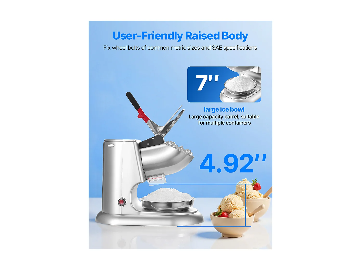 Broyeur à Glace SucceBuy Électrique Capacité de 100 kg/h, Machine à Glace Pilée à 4 Lames, en Acier Inoxydable, avec Bol et Couvercle, 2000 tr/min