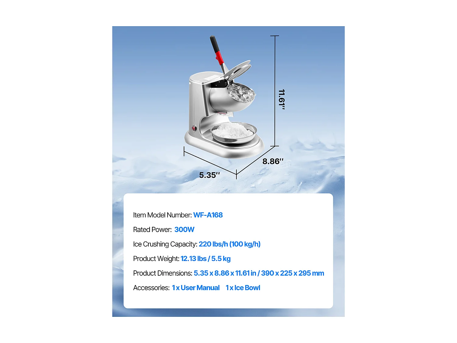 Broyeur à Glace SucceBuy Électrique Capacité de 100 kg/h, Machine à Glace Pilée à 4 Lames, en Acier Inoxydable, avec Bol et Couvercle, 2000 tr/min