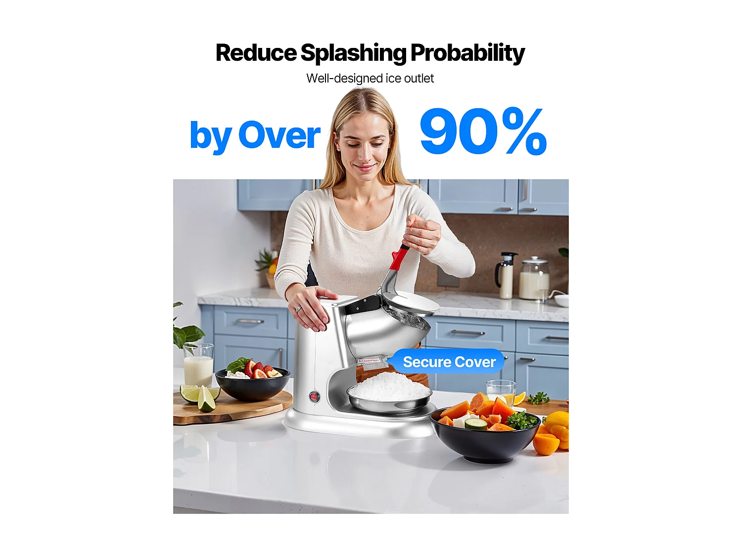 Broyeur à Glace SucceBuy Électrique Capacité de 100 kg/h, Machine à Glace Pilée à 4 Lames, en Acier Inoxydable, avec Bol et Couvercle, 2000 tr/min