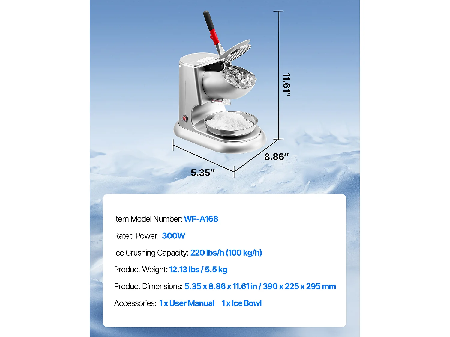 Broyeur à Glace SucceBuy Électrique Capacité de 100 kg/h, Machine à Glace Pilée à 4 Lames, en Acier Inoxydable, avec Bol et Couvercle, 2000 tr/min