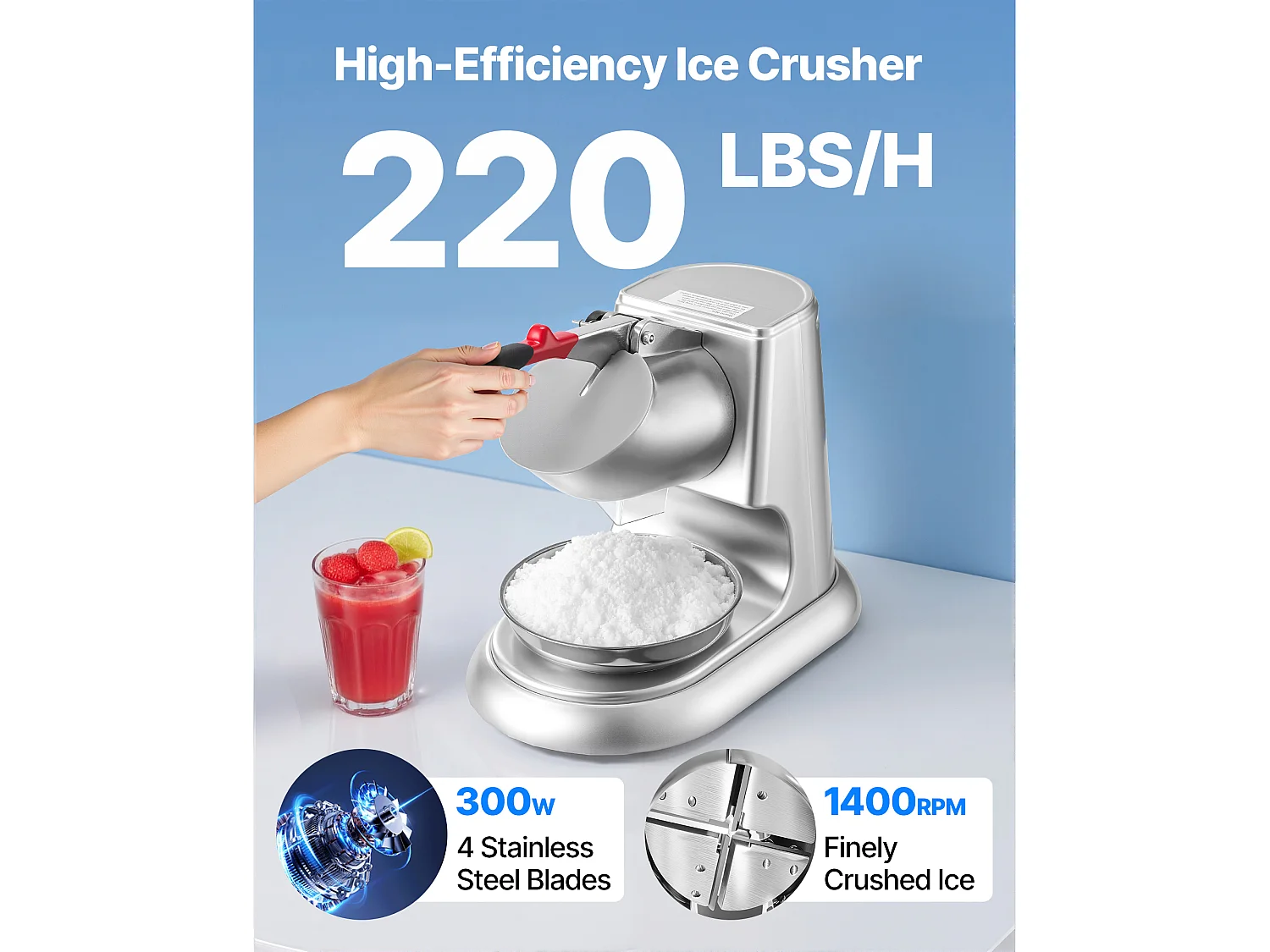 Broyeur à Glace SucceBuy Électrique Capacité de 100 kg/h, Machine à Glace Pilée à 4 Lames, en Acier Inoxydable, avec Bol et Couvercle, 2000 tr/min