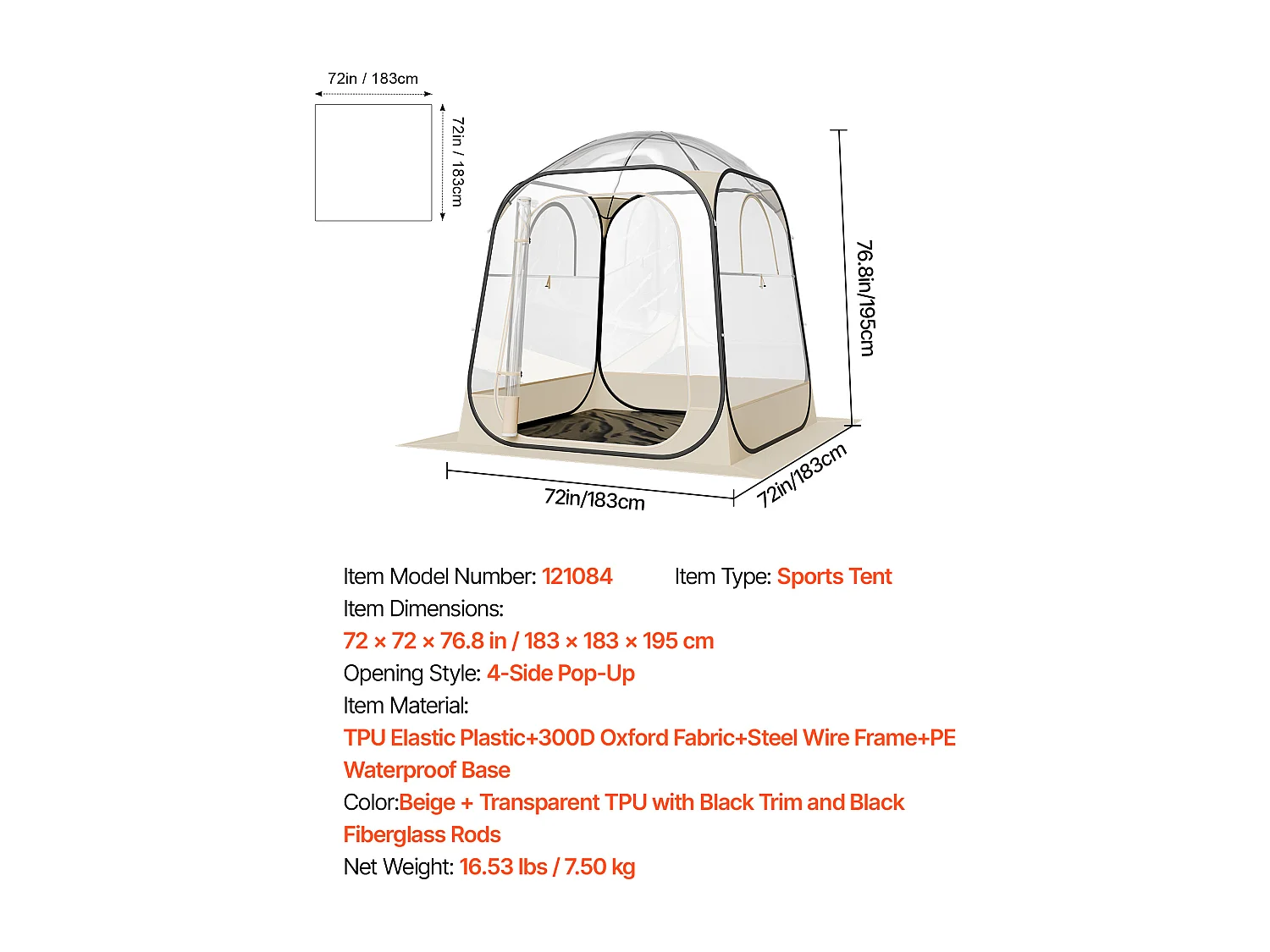 Tente de Sport Transparente SucceBuy 183 x 183 cm Tente à Bulle Pop Up pour 2-4 Personnes, Abri d'Extérieur Vue Dégagée, avec Tapis de Sol, Couverture Supérieure