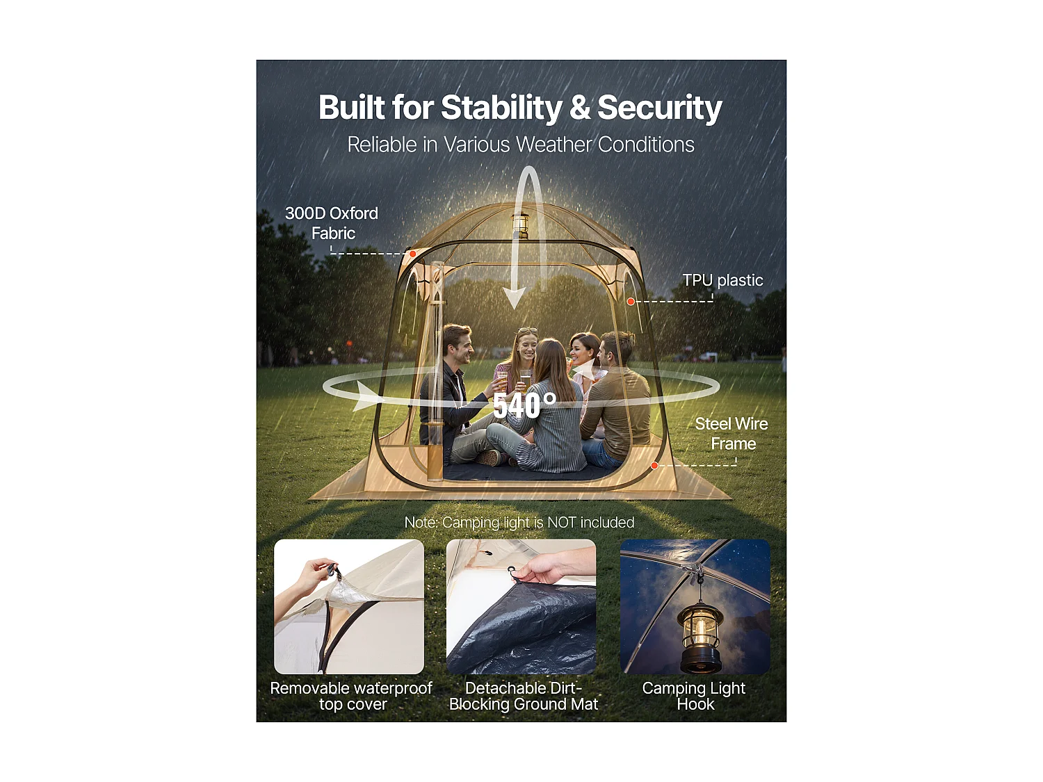 Tente de Sport Transparente SucceBuy 183 x 183 cm Tente à Bulle Pop Up pour 2-4 Personnes, Abri d'Extérieur Vue Dégagée, avec Tapis de Sol, Couverture Supérieure