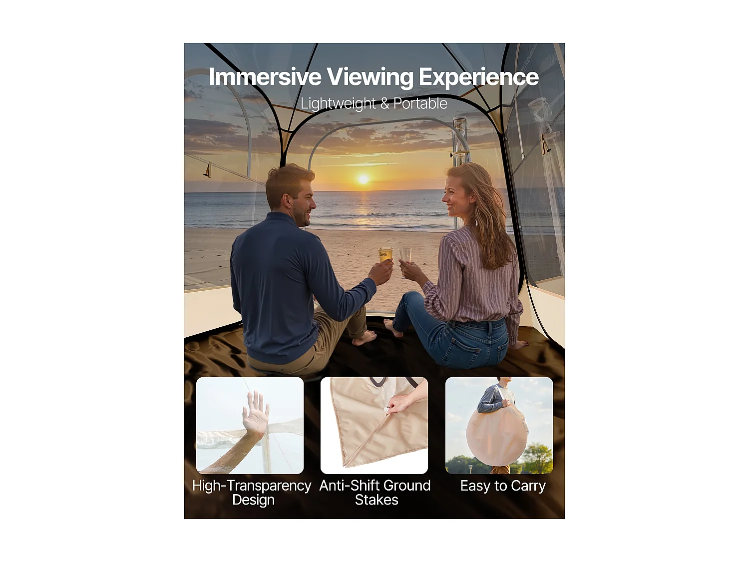 Tente de Sport Transparente SucceBuy 183 x 183 cm Tente à Bulle Pop Up pour 2-4 Personnes, Abri d'Extérieur Vue Dégagée, avec Tapis de Sol, Couverture Supérieure