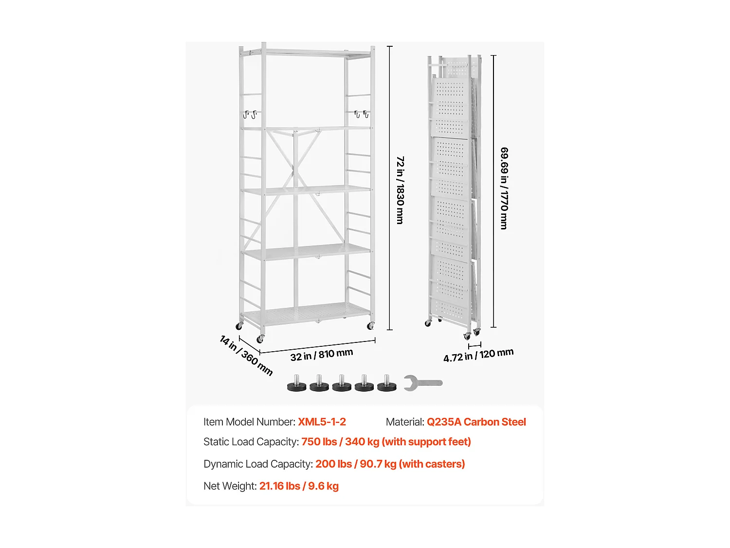 Étagère SucceBuy Pliante Mobile, 5 Niveaux, Étagère Pliante à Roulettes, 81x36x183 cm, Métal Robuste, Charge Statique 340 kg Dynamique 90,7 kg
