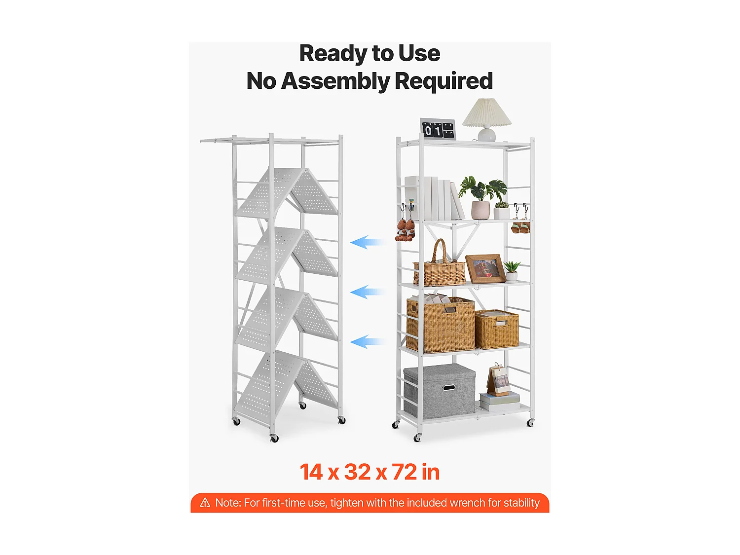 Étagère SucceBuy Pliante Mobile, 5 Niveaux, Étagère Pliante à Roulettes, 81x36x183 cm, Métal Robuste, Charge Statique 340 kg Dynamique 90,7 kg