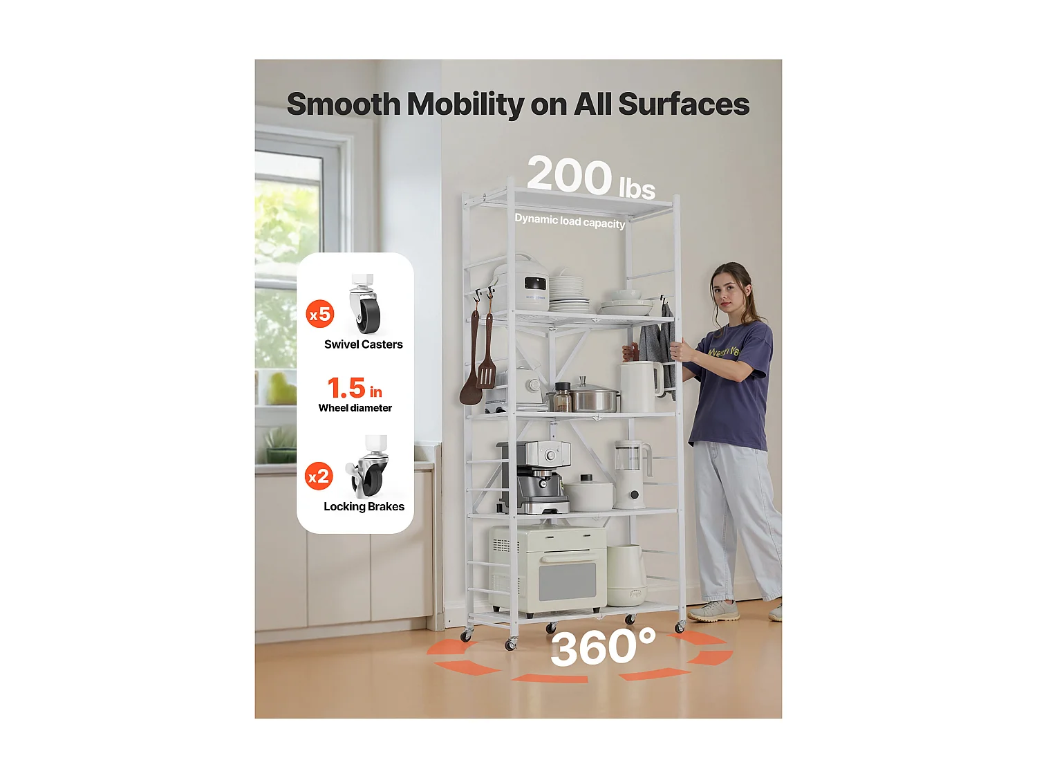 Étagère SucceBuy Pliante Mobile, 5 Niveaux, Étagère Pliante à Roulettes, 81x36x183 cm, Métal Robuste, Charge Statique 340 kg Dynamique 90,7 kg