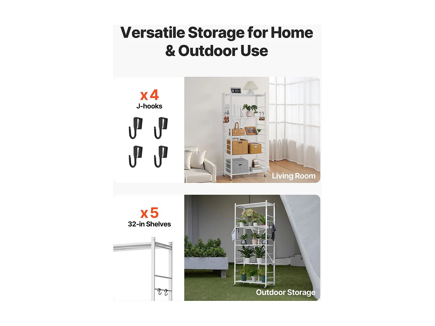 Étagère SucceBuy Pliante Mobile, 5 Niveaux, Étagère Pliante à Roulettes, 81x36x183 cm, Métal Robuste, Charge Statique 340 kg Dynamique 90,7 kg