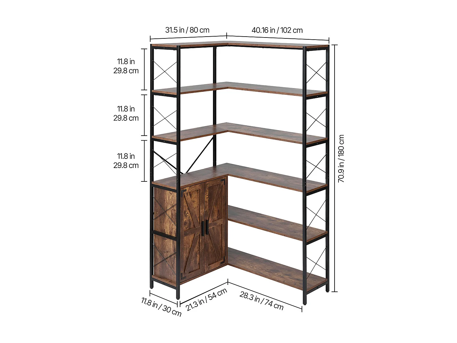 Étagère d'Angle SucceBuy Bibliothèque d'Angle à 6 Niveaux avec Portes de Rangement, Grand Organiseur en L avec Cadre en Métal et Étagères Réglables