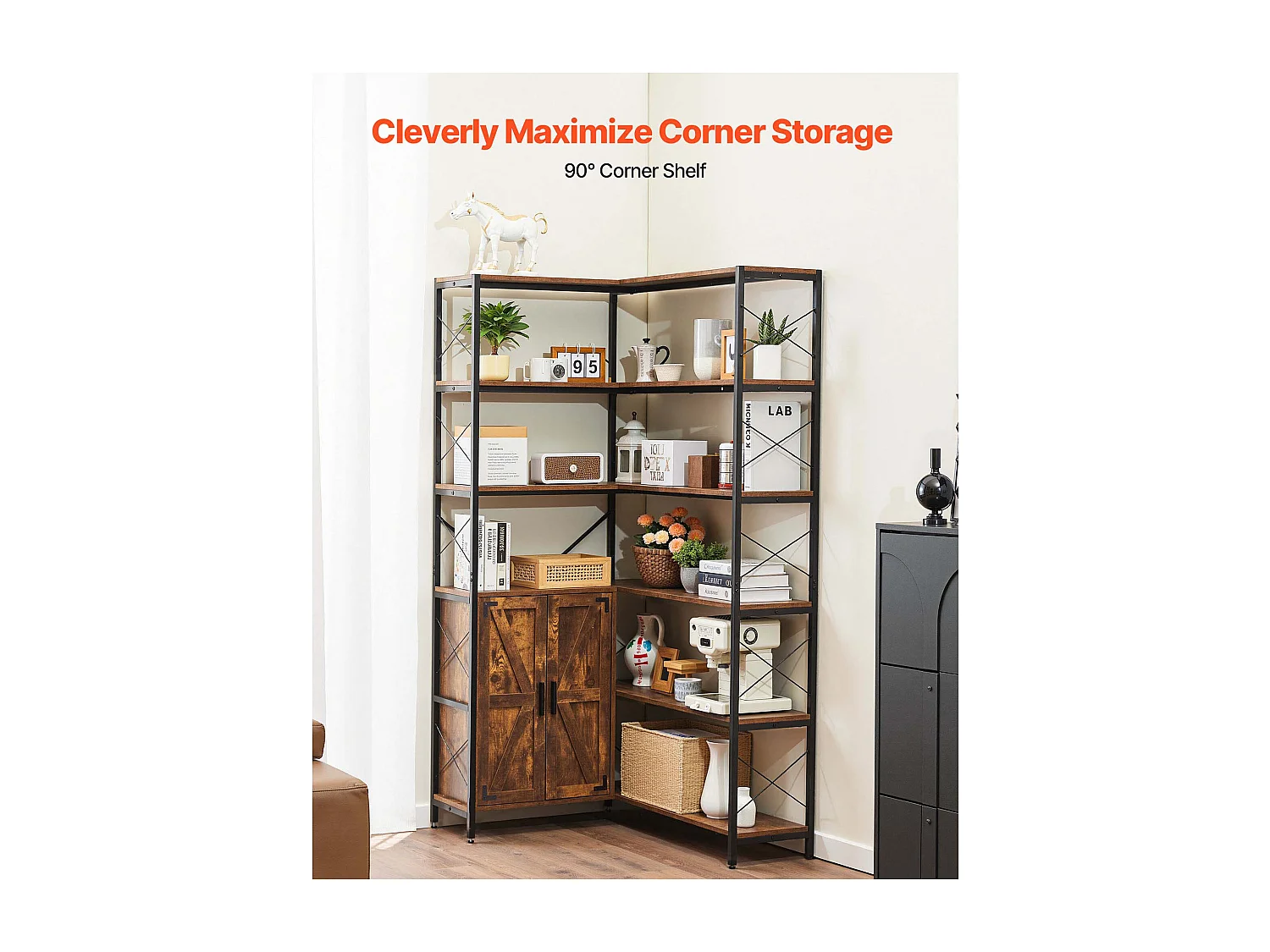 Étagère d'Angle SucceBuy Bibliothèque d'Angle à 6 Niveaux avec Portes de Rangement, Grand Organiseur en L avec Cadre en Métal et Étagères Réglables