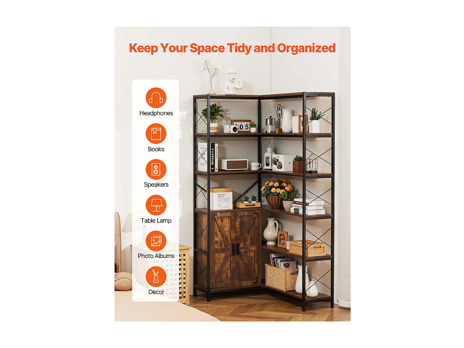 Étagère d'Angle SucceBuy Bibliothèque d'Angle à 6 Niveaux avec Portes de Rangement, Grand Organiseur en L avec Cadre en Métal et Étagères Réglables