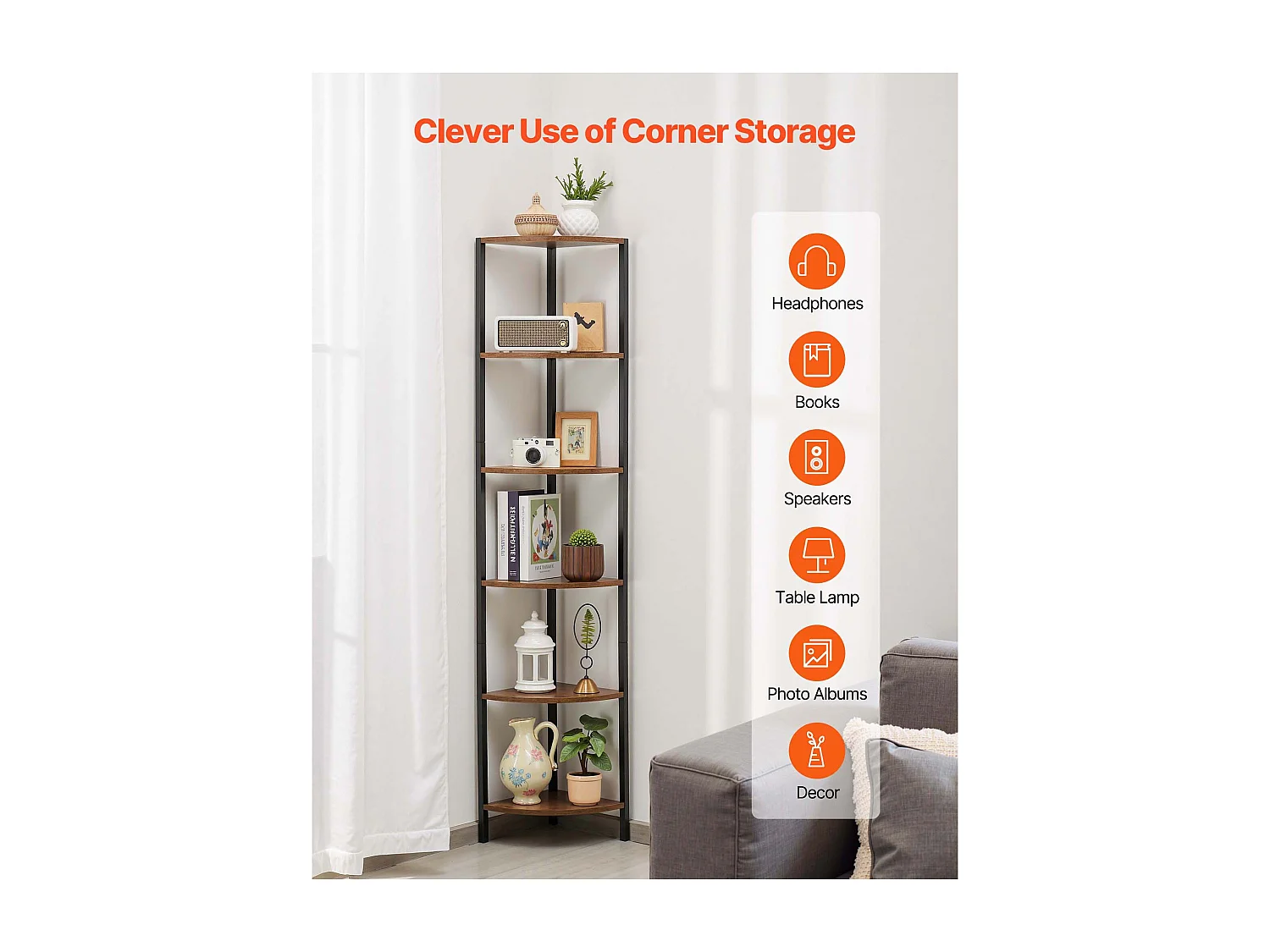 Hoekplank SucceBuy 6-Laags Hoekboekenkast met LEDverlichting, Hoogte 1715 mm, Praktische Boekenkast met Metalen Frame en Houten Planken, Ideaal voor Slaapkamer