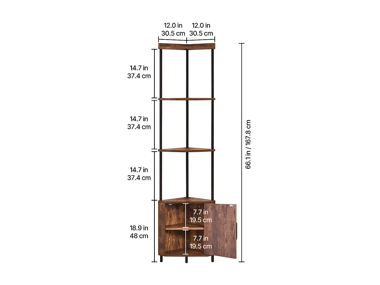 Étagère d'Angle SucceBuy Étagère d'Angle à 5 Niveaux avec Éclairage LED et Portes, Bibliothèque Compacte avec Structure en Métal et Étagères en Bois