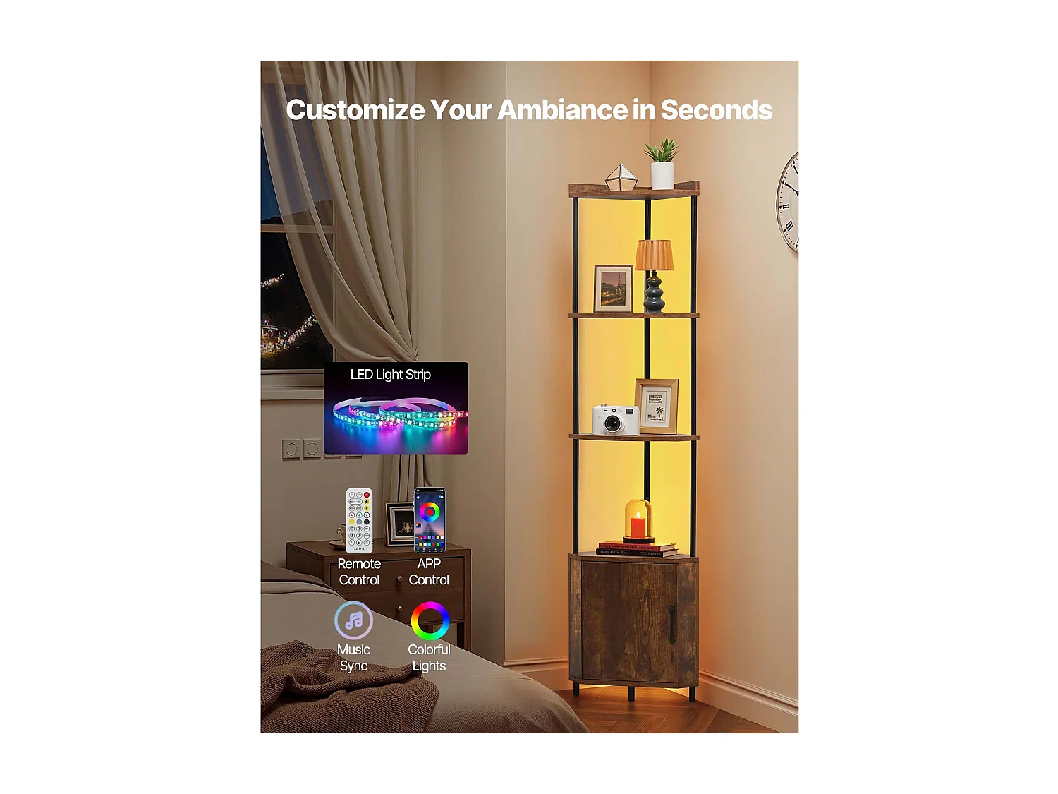 Étagère d'Angle SucceBuy Étagère d'Angle à 5 Niveaux avec Éclairage LED et Portes, Bibliothèque Compacte avec Structure en Métal et Étagères en Bois