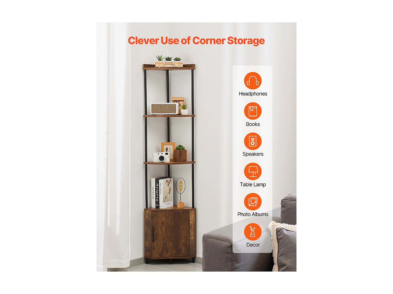 Étagère d'Angle SucceBuy Étagère d'Angle à 5 Niveaux avec Éclairage LED et Portes, Bibliothèque Compacte avec Structure en Métal et Étagères en Bois