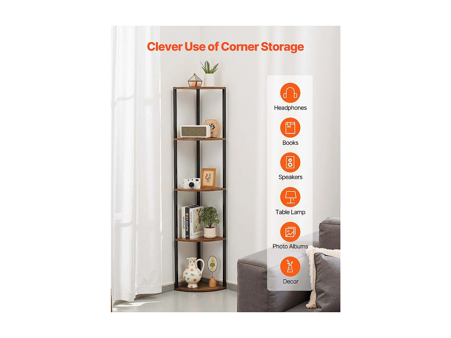 Étagère d'Angle SucceBuy Étagère d'Angle à 5 Niveaux avec Éclairage LED, Hauteur 1625 mm, Bibliothèque Pratique avec Cadre en Métal et Étagères en Bois