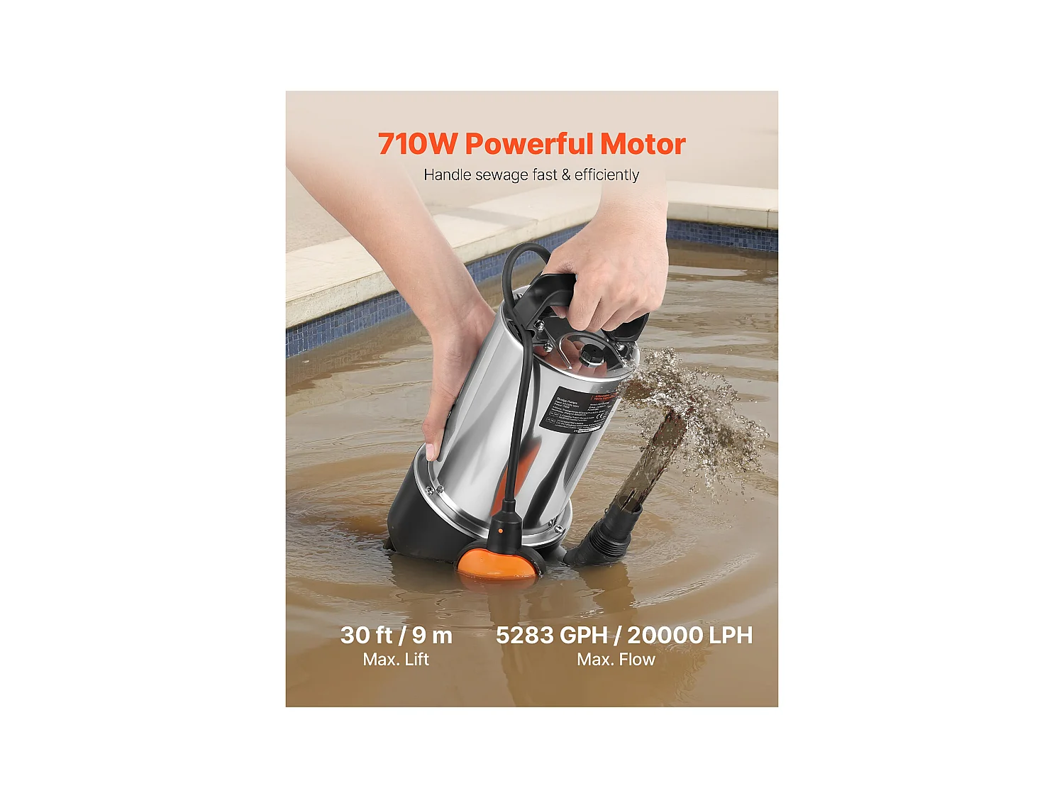 Dompelpomp voor Afvalwater SucceBuy 710 W Dompelpomp RVS, 20000 L/u met Zwevenschakelaar Automatisch, voor Zwembaden, Vijvers