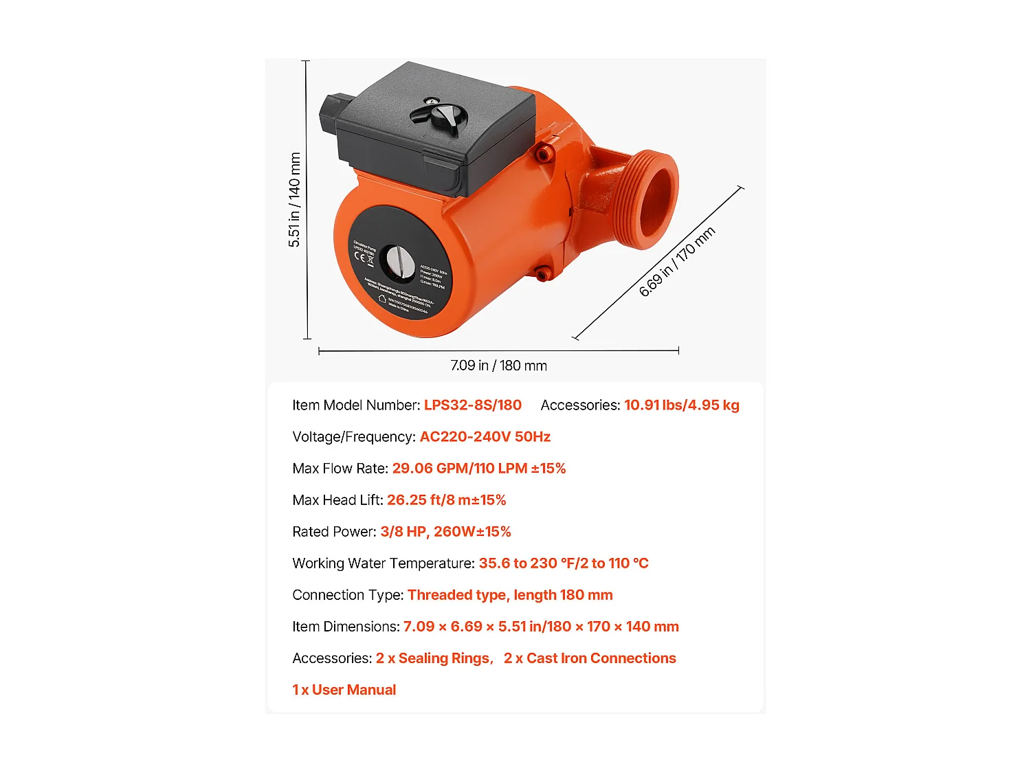Pompe de Circulation SucceBuy d'Eau Chaude, Pompe de Chauffage à Haut Rendement 110 L/min, Raccord Fileté, Réglage à 3 Vitesses, Fonctionnement Silencieux