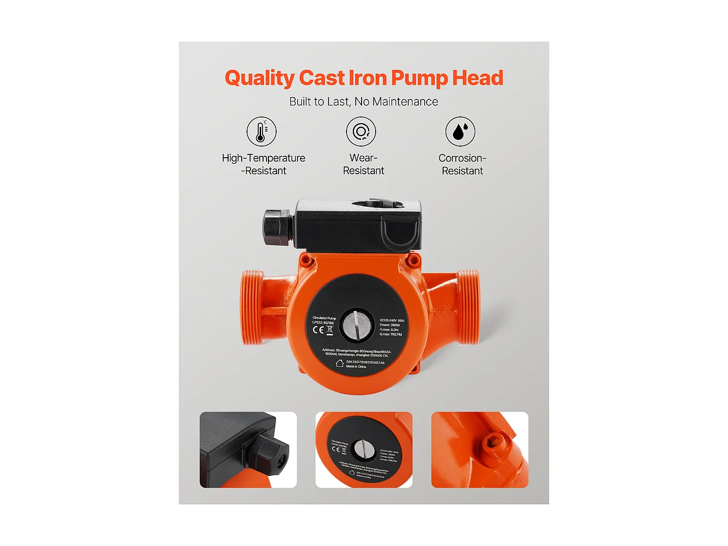 Pompe de Circulation SucceBuy d'Eau Chaude, Pompe de Chauffage à Haut Rendement 110 L/min, Raccord Fileté, Réglage à 3 Vitesses, Fonctionnement Silencieux