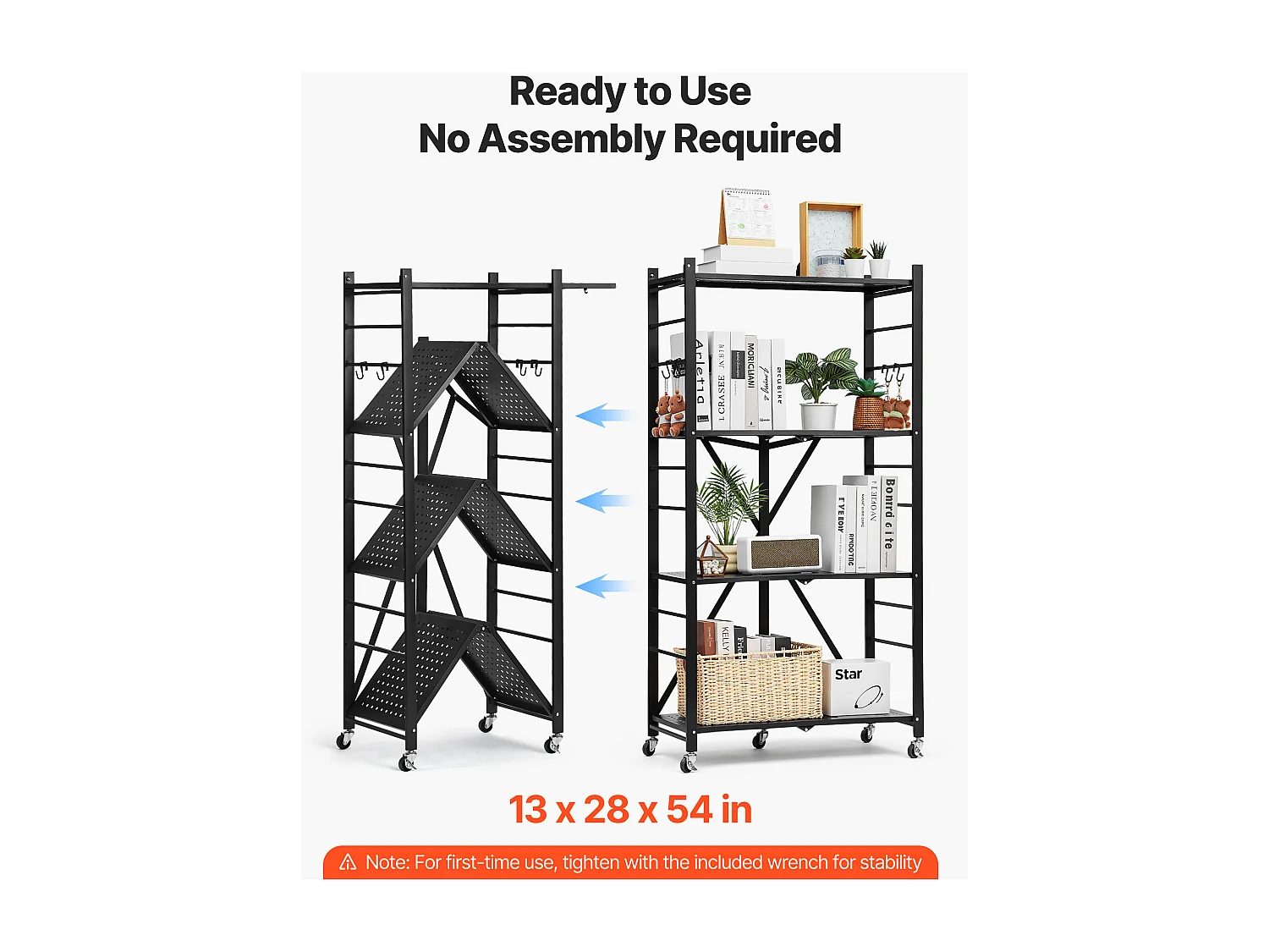 Półka Składana SucceBuy Mobilna, 4 Poziomy, Półka Składana na Kółkach, 71x33x137 cm, Wytrzymały Metal, Obciążenie Statyczne 340 kg Dynamiczne 90,7 kg