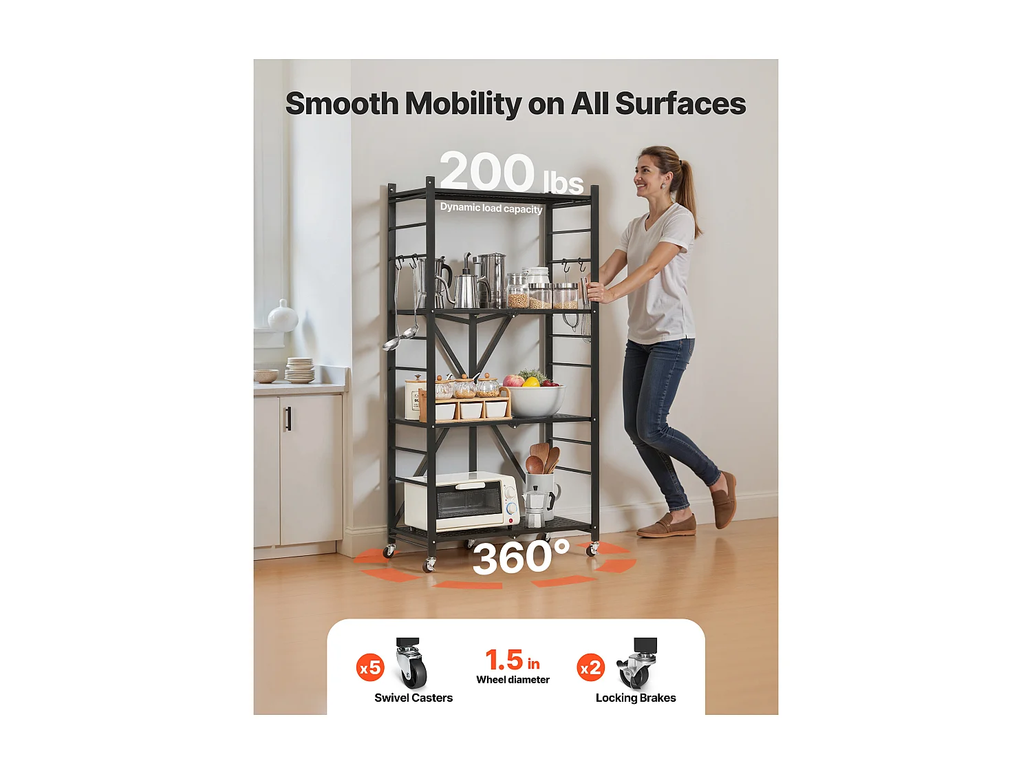 Półka Składana SucceBuy Mobilna, 4 Poziomy, Półka Składana na Kółkach, 71x33x137 cm, Wytrzymały Metal, Obciążenie Statyczne 340 kg Dynamiczne 90,7 kg
