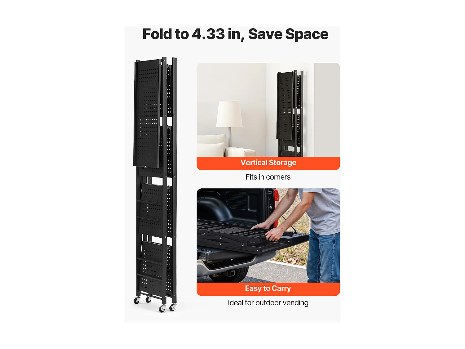 Półka Składana SucceBuy Mobilna, 4 Poziomy, Półka Składana na Kółkach, 71x33x137 cm, Wytrzymały Metal, Obciążenie Statyczne 340 kg Dynamiczne 90,7 kg