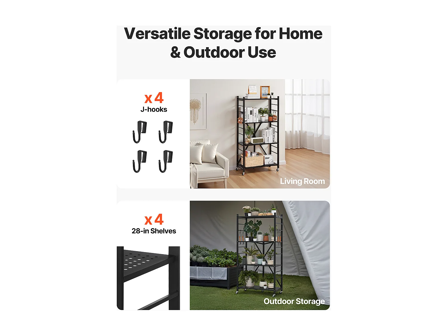 Półka Składana SucceBuy Mobilna, 4 Poziomy, Półka Składana na Kółkach, 71x33x137 cm, Wytrzymały Metal, Obciążenie Statyczne 340 kg Dynamiczne 90,7 kg