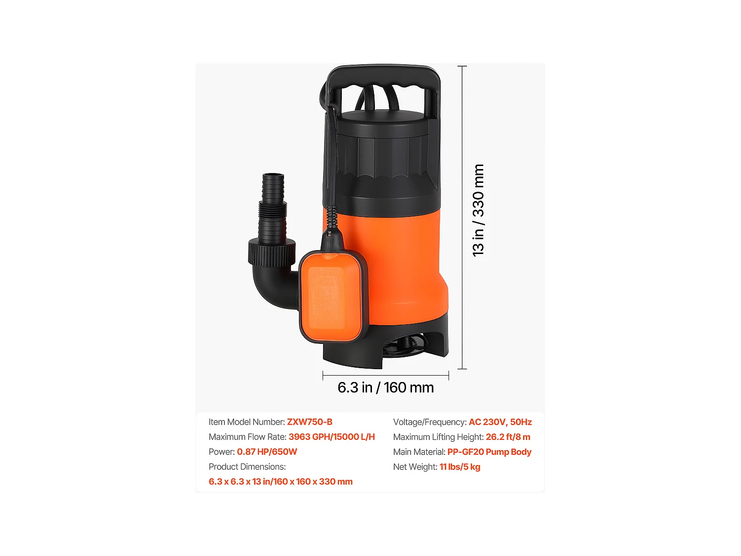 Dompelpomp voor Afvalwater SucceBuy 650 W Dompelpomp PP-GF20, 15000 L/u met Automatische Zwevenschakelaar, Opvoerhoogte 8 m, voor Zwembaden